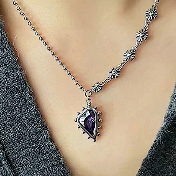Heart Amethyst Sterling Silver Pendant Charm Punk Necklace - Picture 2 of 7
